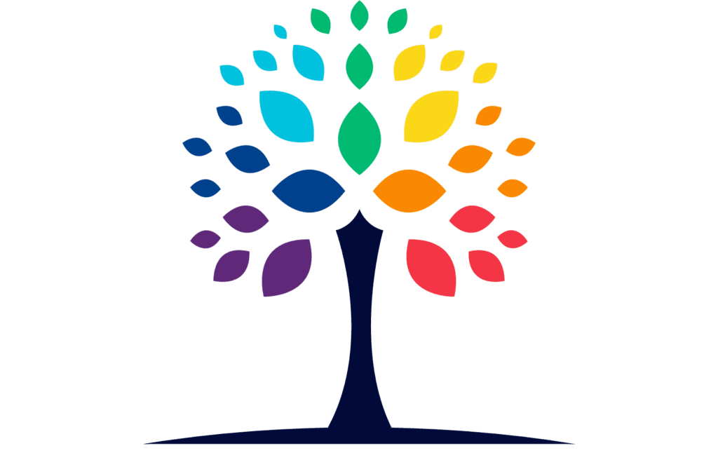 The Sage Haven Logo - It is the general shape of a tree with a slender black trunk on a thin slightly sloping hill. There are leaf shapes radiating out like branches larger leaves toward the middle and smaller at the outside of the canopy. The leaves change color in progression from purple on the left to blue, light blue, green in the middle, yellow, orange and red on the right.